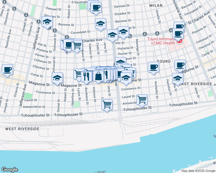map of restaurants, bars, coffee shops, grocery stores, and more near 822 Jena Street in New Orleans