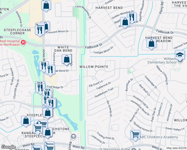 map of restaurants, bars, coffee shops, grocery stores, and more near 10331 Pony Express Road in Houston