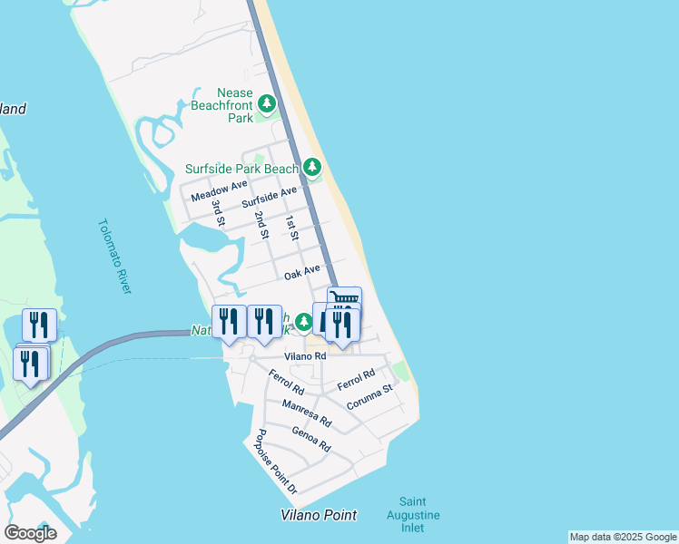 map of restaurants, bars, coffee shops, grocery stores, and more near 11 Oak Avenue in St. Augustine