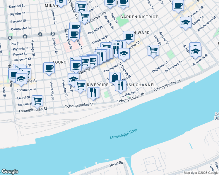 map of restaurants, bars, coffee shops, grocery stores, and more near 3325 Annunciation Street in New Orleans
