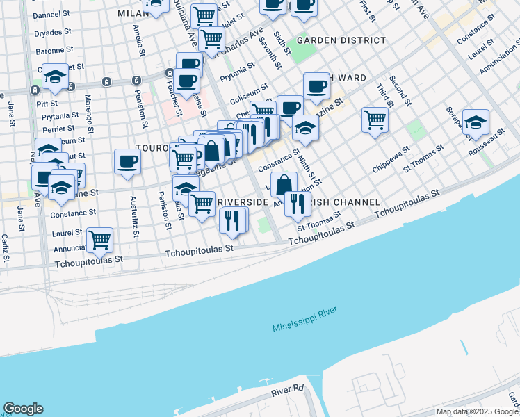 map of restaurants, bars, coffee shops, grocery stores, and more near 3426 Laurel Street in New Orleans