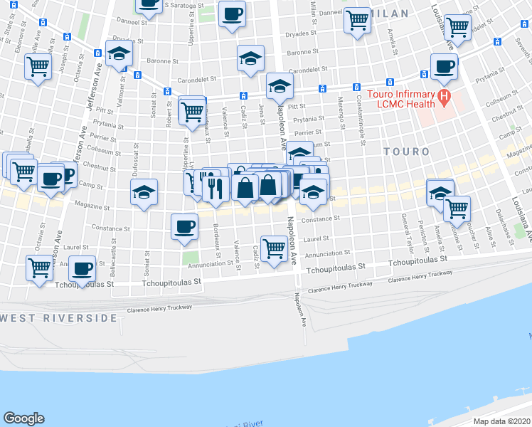 map of restaurants, bars, coffee shops, grocery stores, and more near 4528 Magazine Street in New Orleans