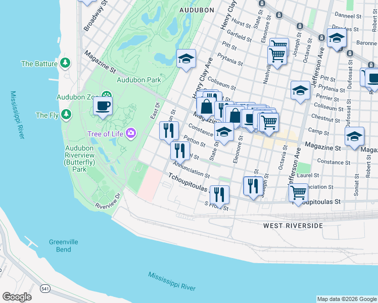 map of restaurants, bars, coffee shops, grocery stores, and more near 518 Webster Street in New Orleans