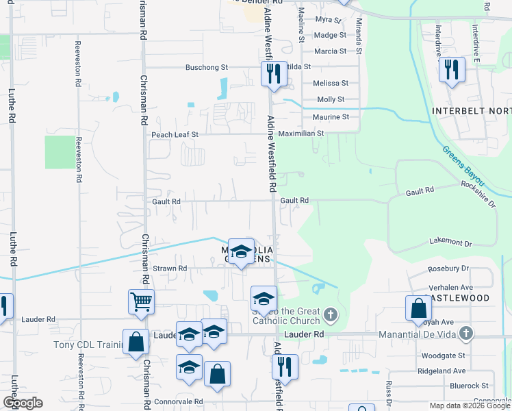 map of restaurants, bars, coffee shops, grocery stores, and more near 14101 Aldine Westfield Road in Houston