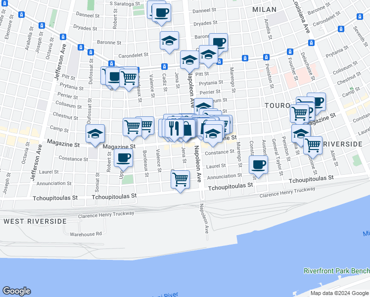 map of restaurants, bars, coffee shops, grocery stores, and more near 823 Jena Street in New Orleans