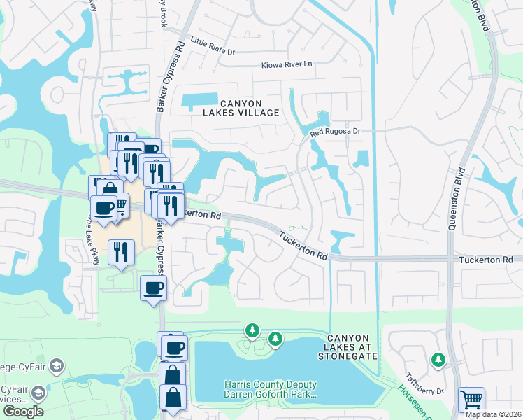 map of restaurants, bars, coffee shops, grocery stores, and more near 17319 Dakota Ridge Drive in Houston