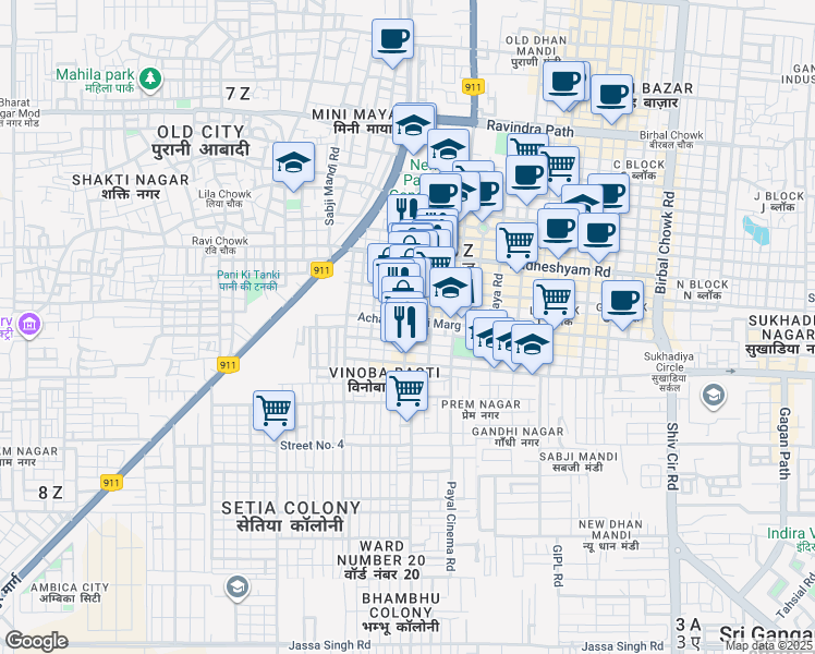 map of restaurants, bars, coffee shops, grocery stores, and more near Durga Mandir Road in 6 Z