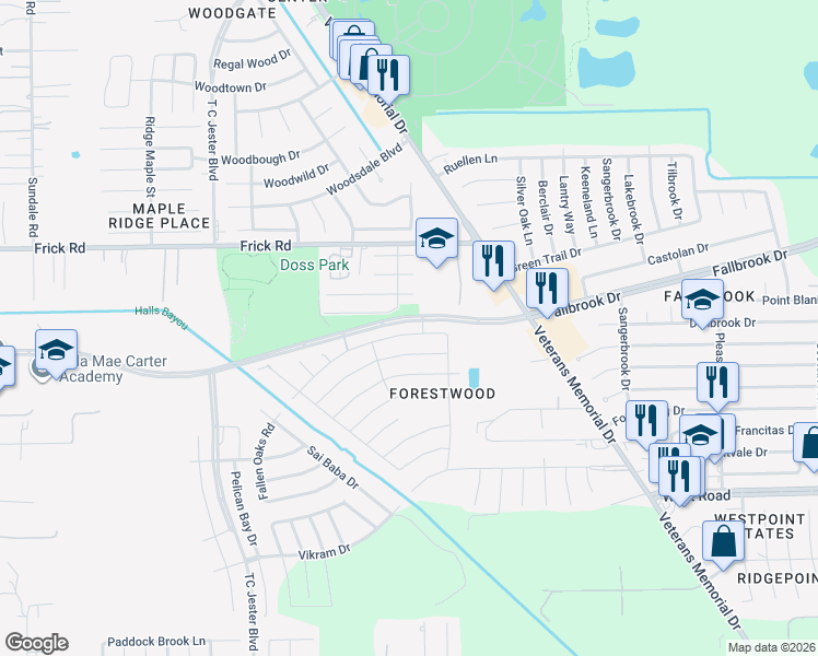 map of restaurants, bars, coffee shops, grocery stores, and more near 2122 Falling Oaks Road in Houston