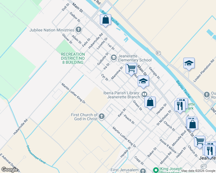 map of restaurants, bars, coffee shops, grocery stores, and more near 2110 Time Street in Jeanerette