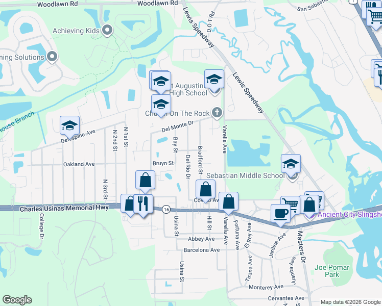 map of restaurants, bars, coffee shops, grocery stores, and more near 2936 Del Rio Drive in St. Augustine
