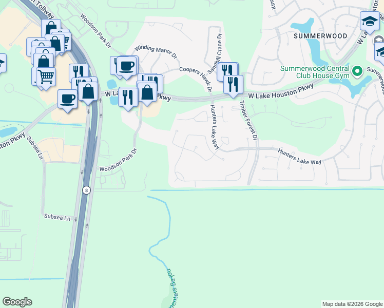 map of restaurants, bars, coffee shops, grocery stores, and more near 13014 Breezy Meadow Lane in Houston