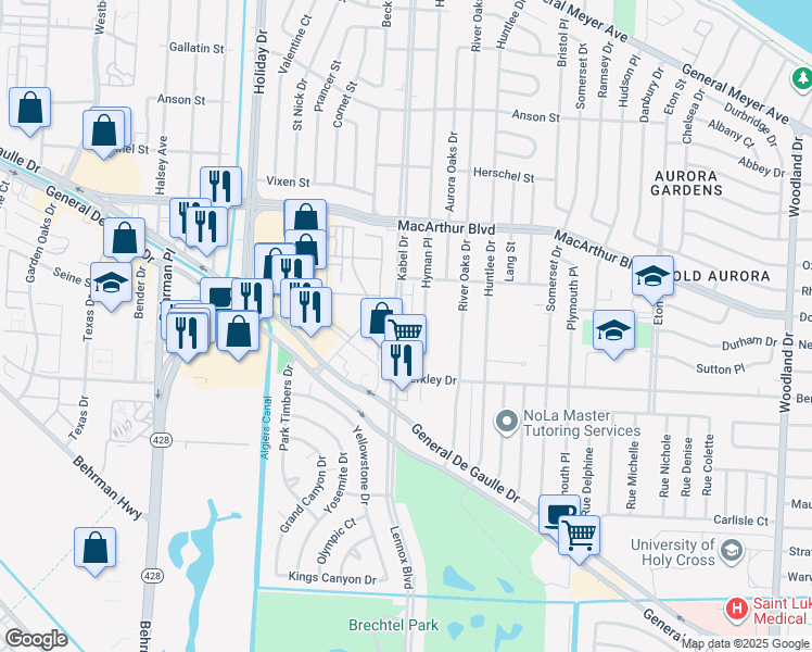 map of restaurants, bars, coffee shops, grocery stores, and more near 3301 Hyman Place in New Orleans