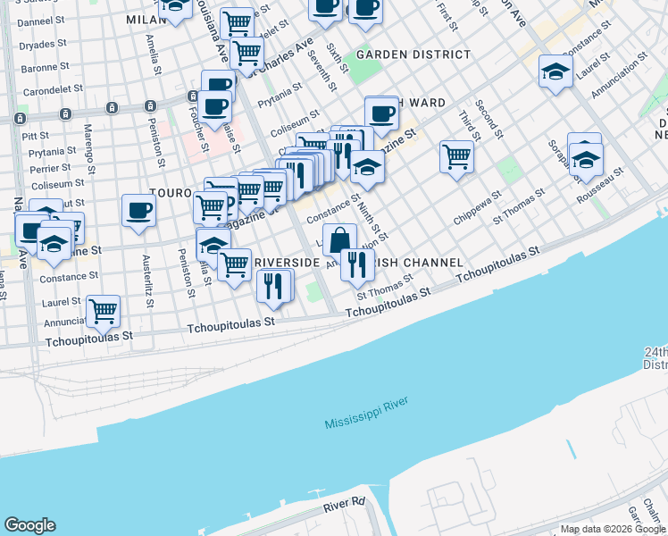 map of restaurants, bars, coffee shops, grocery stores, and more near 3325 Annunciation Street in New Orleans