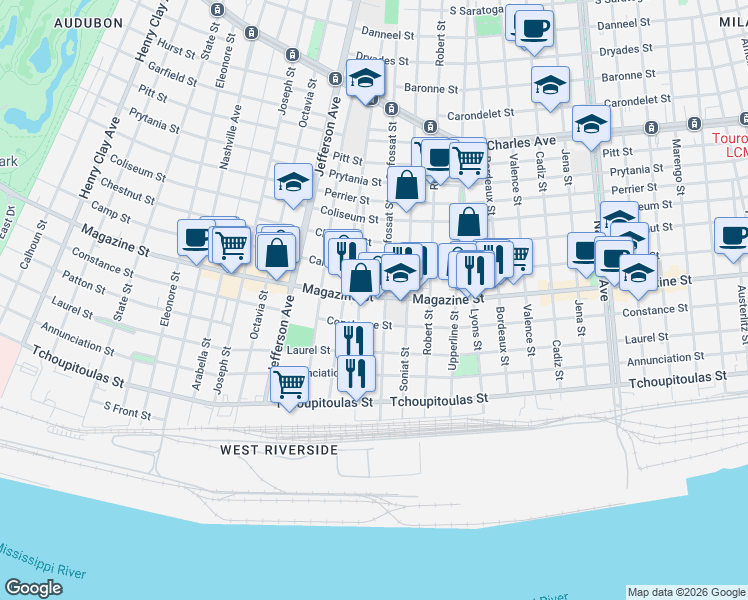 map of restaurants, bars, coffee shops, grocery stores, and more near 5201 Magazine Street in New Orleans