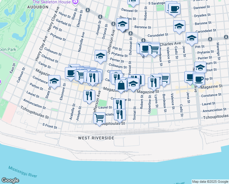 map of restaurants, bars, coffee shops, grocery stores, and more near 5253 Magazine Street in New Orleans