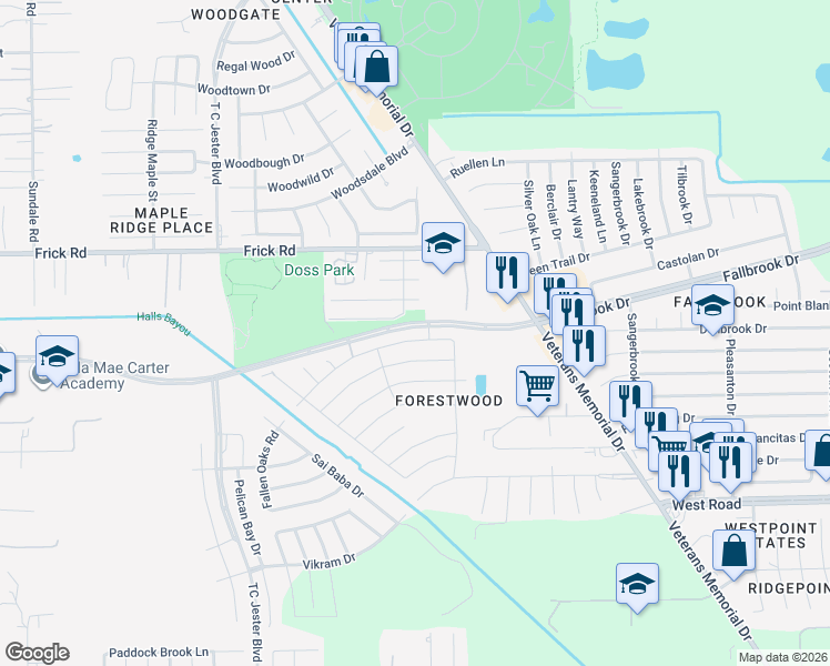 map of restaurants, bars, coffee shops, grocery stores, and more near 2122 Falling Oaks Road in Houston