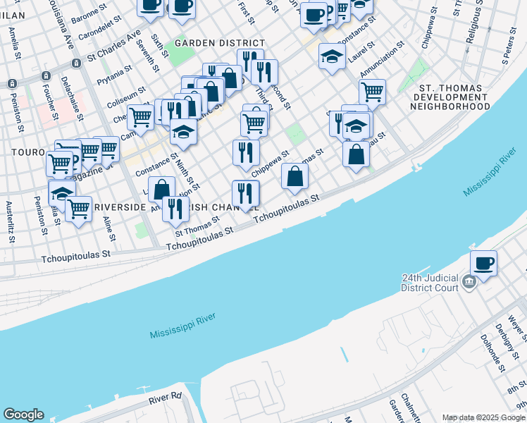map of restaurants, bars, coffee shops, grocery stores, and more near 2837 Tchoupitoulas Street in New Orleans