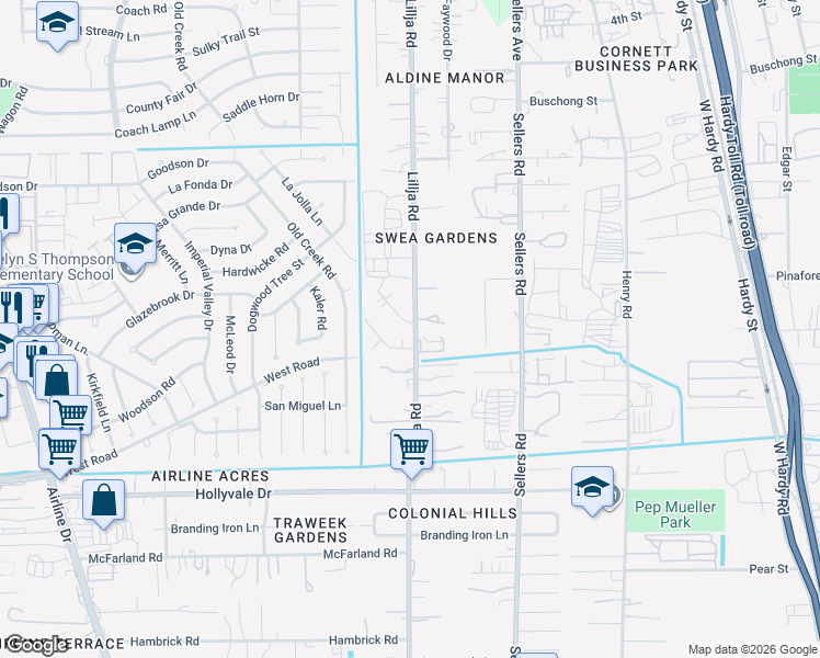 map of restaurants, bars, coffee shops, grocery stores, and more near 15043 Lillja Road in Houston