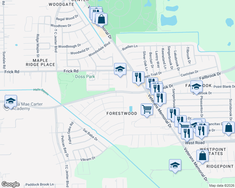 map of restaurants, bars, coffee shops, grocery stores, and more near 2122 Falling Oaks Road in Houston