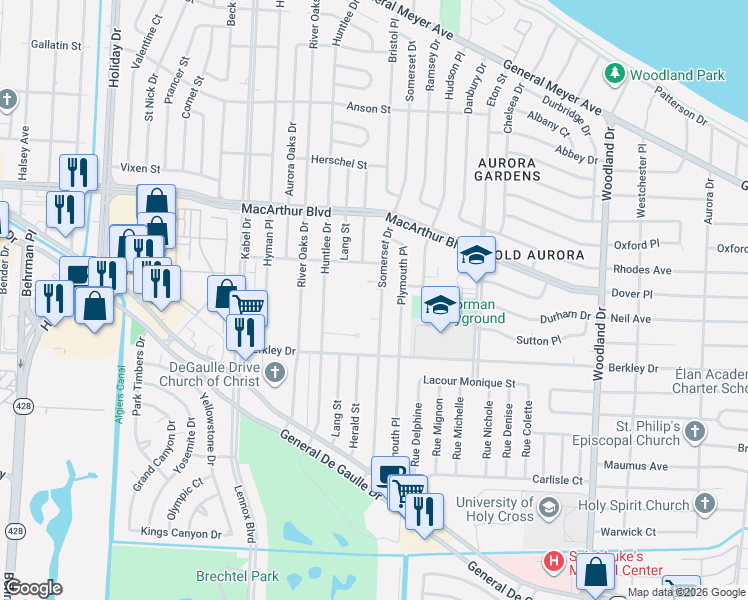 map of restaurants, bars, coffee shops, grocery stores, and more near 3327 Somerset Drive in New Orleans