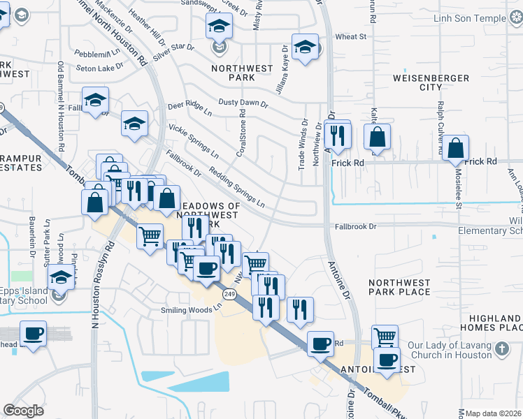 map of restaurants, bars, coffee shops, grocery stores, and more near 6615 Redding Springs Lane in Houston
