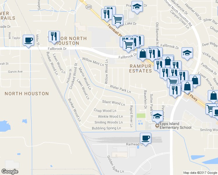 map of restaurants, bars, coffee shops, grocery stores, and more near 7627 Water Park Lane in Houston