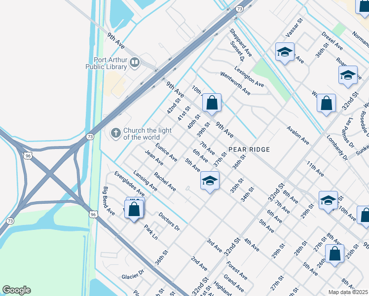 map of restaurants, bars, coffee shops, grocery stores, and more near 3401 39th Street in Port Arthur