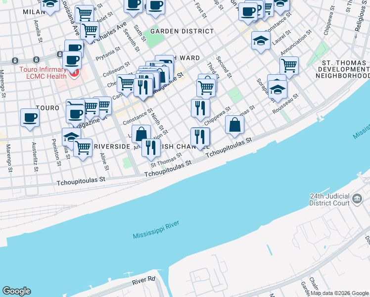 map of restaurants, bars, coffee shops, grocery stores, and more near in New Orleans