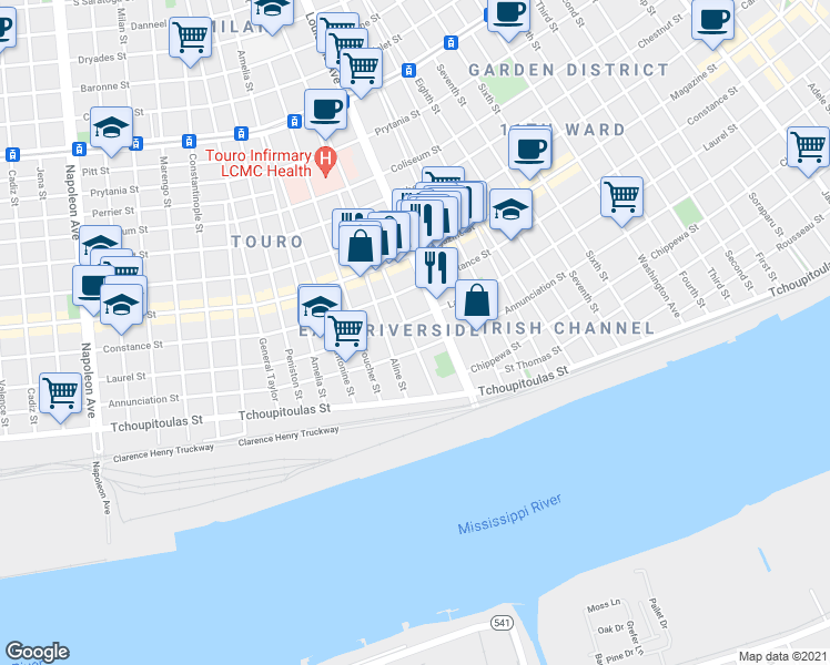 map of restaurants, bars, coffee shops, grocery stores, and more near 3426 Laurel Street in New Orleans