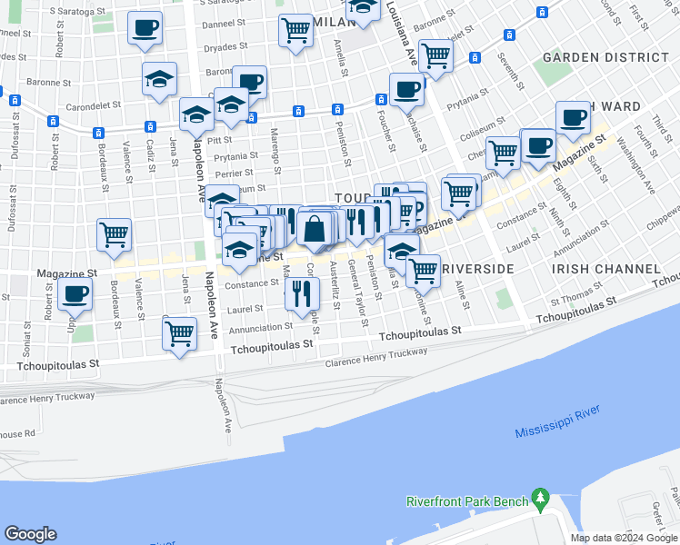 map of restaurants, bars, coffee shops, grocery stores, and more near 812 Austerlitz Street in New Orleans
