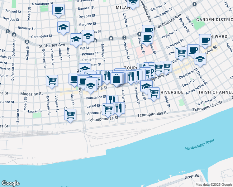 map of restaurants, bars, coffee shops, grocery stores, and more near 812 Austerlitz Street in New Orleans