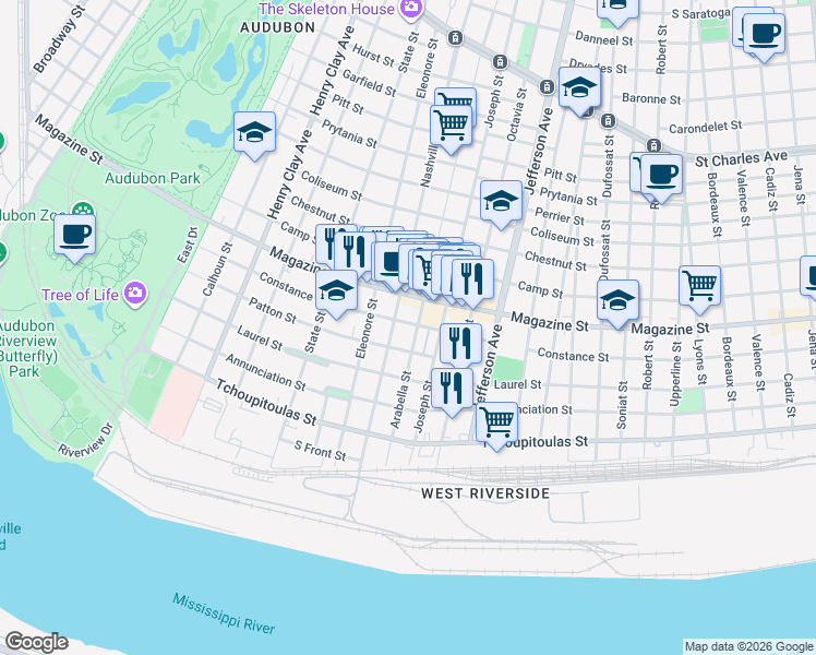 map of restaurants, bars, coffee shops, grocery stores, and more near 5704 Constance Street in New Orleans