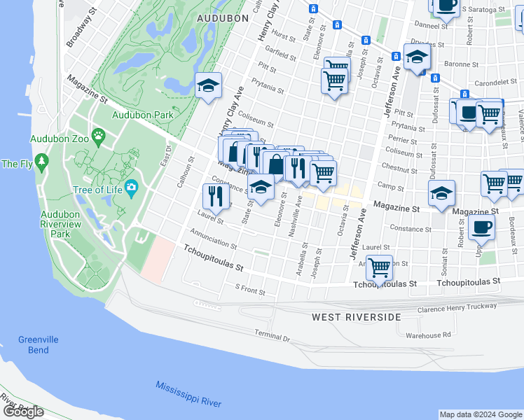 map of restaurants, bars, coffee shops, grocery stores, and more near 5951 Patton Street in New Orleans