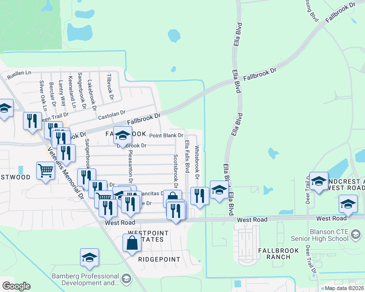 map of restaurants, bars, coffee shops, grocery stores, and more near 10251 Ella Falls Boulevard in Houston