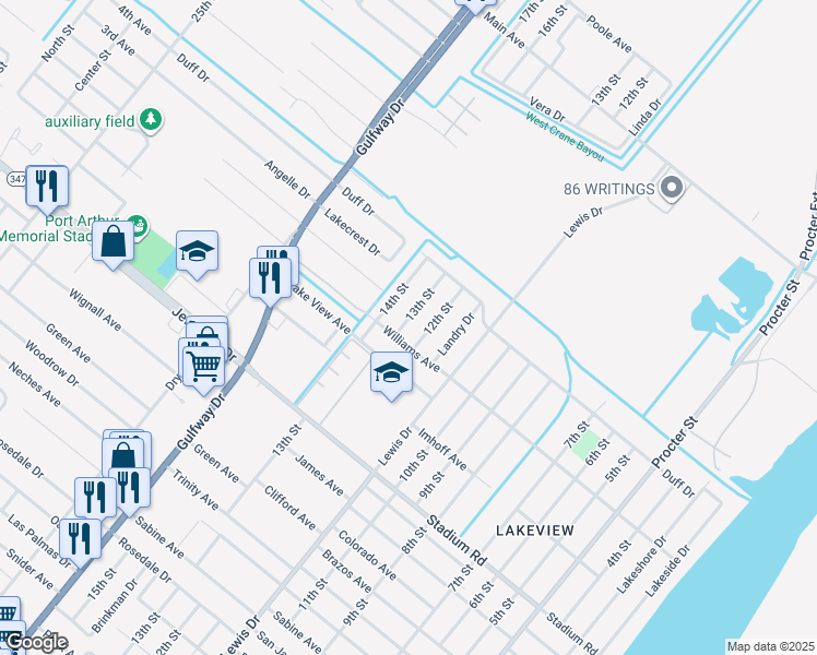 map of restaurants, bars, coffee shops, grocery stores, and more near 5225 12th Street in Port Arthur