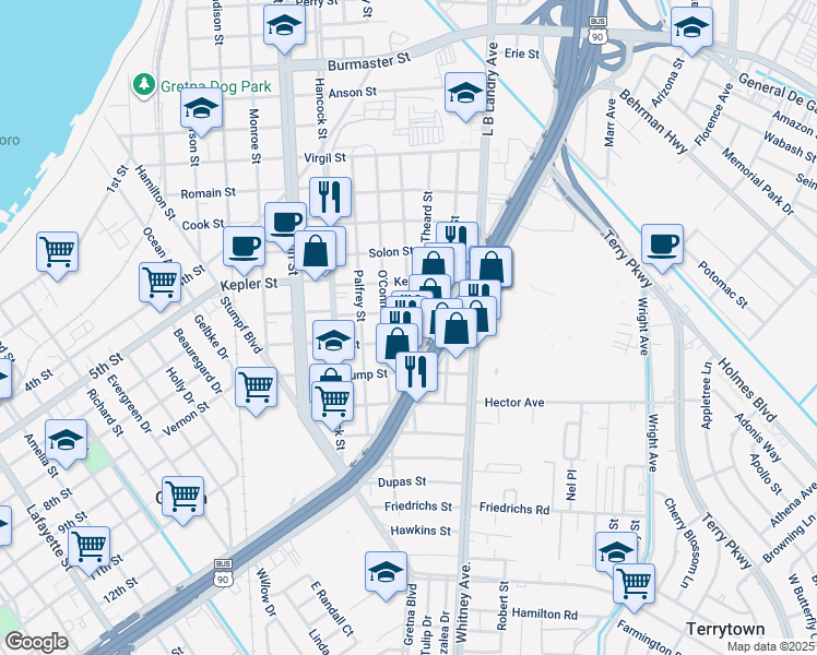 map of restaurants, bars, coffee shops, grocery stores, and more near 1827 Pratt Street in Gretna