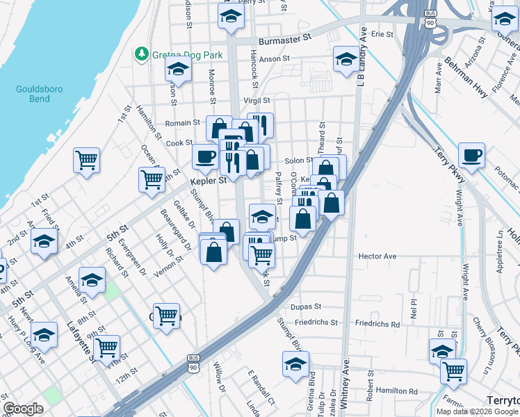map of restaurants, bars, coffee shops, grocery stores, and more near 1807 Hancock Street in Gretna
