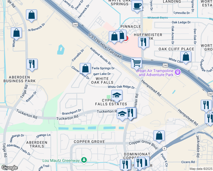 map of restaurants, bars, coffee shops, grocery stores, and more near 10003 Rain Cloud Dr in Houston