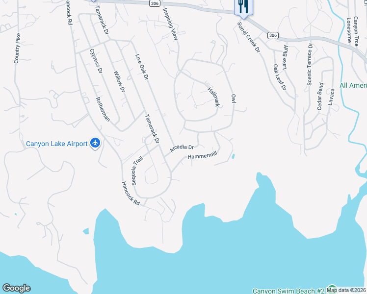 map of restaurants, bars, coffee shops, grocery stores, and more near 1111 Arcadia Drive in Canyon Lake