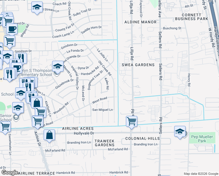 map of restaurants, bars, coffee shops, grocery stores, and more near 15110 Kaler Road in Houston