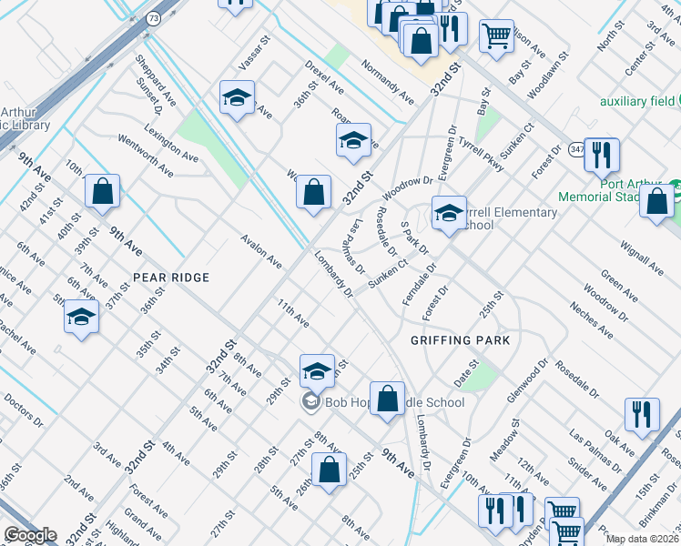 map of restaurants, bars, coffee shops, grocery stores, and more near 2820 Lombardy Drive in Port Arthur
