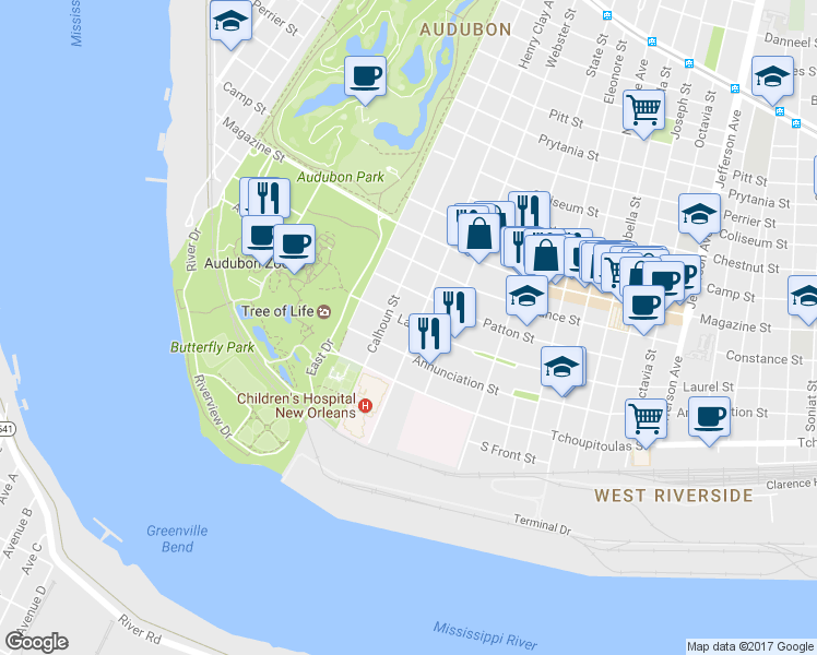 map of restaurants, bars, coffee shops, grocery stores, and more near 6204 Laurel Street in New Orleans