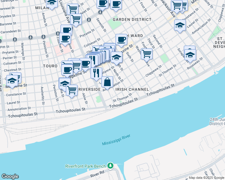 map of restaurants, bars, coffee shops, grocery stores, and more near 734 Pleasant Street in New Orleans