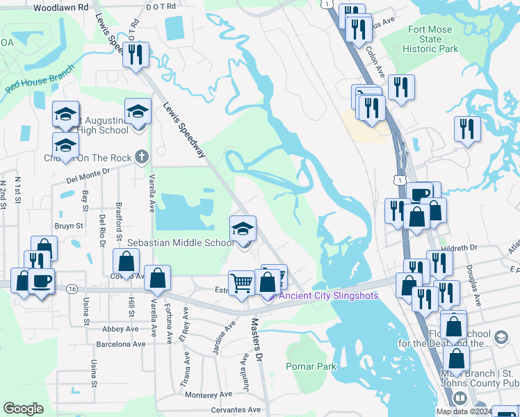 map of restaurants, bars, coffee shops, grocery stores, and more near 3000 Lewis Speedway in St. Augustine