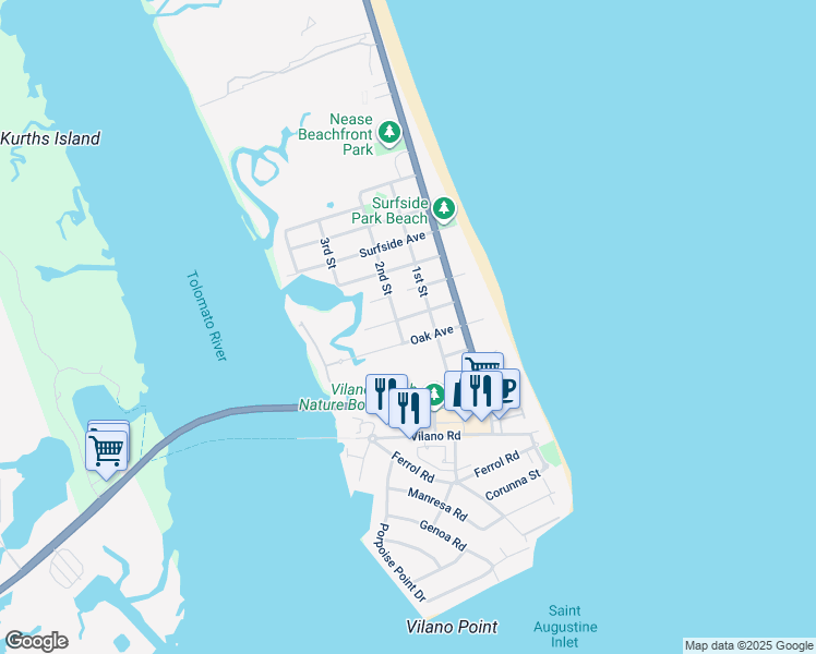 map of restaurants, bars, coffee shops, grocery stores, and more near 129 Morgan Avenue in St. Augustine