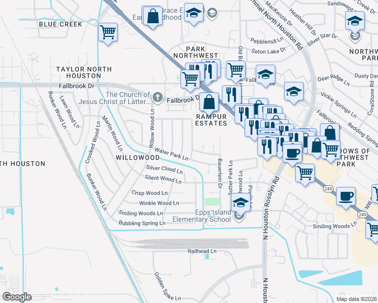 map of restaurants, bars, coffee shops, grocery stores, and more near 9615 Rapid River Lane in Houston