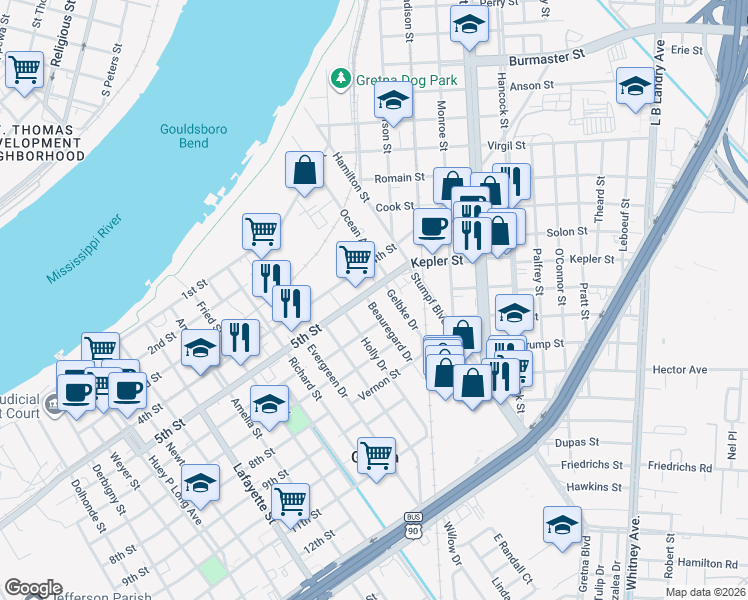 map of restaurants, bars, coffee shops, grocery stores, and more near 5 Beauregard Drive in Gretna