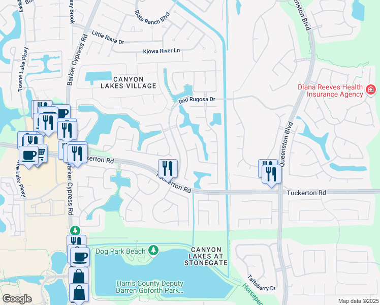 map of restaurants, bars, coffee shops, grocery stores, and more near 10018 Palisade Lakes in Houston