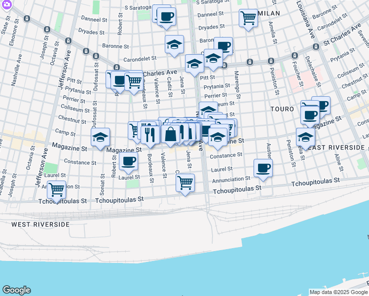 map of restaurants, bars, coffee shops, grocery stores, and more near 4510 Magazine Street in New Orleans