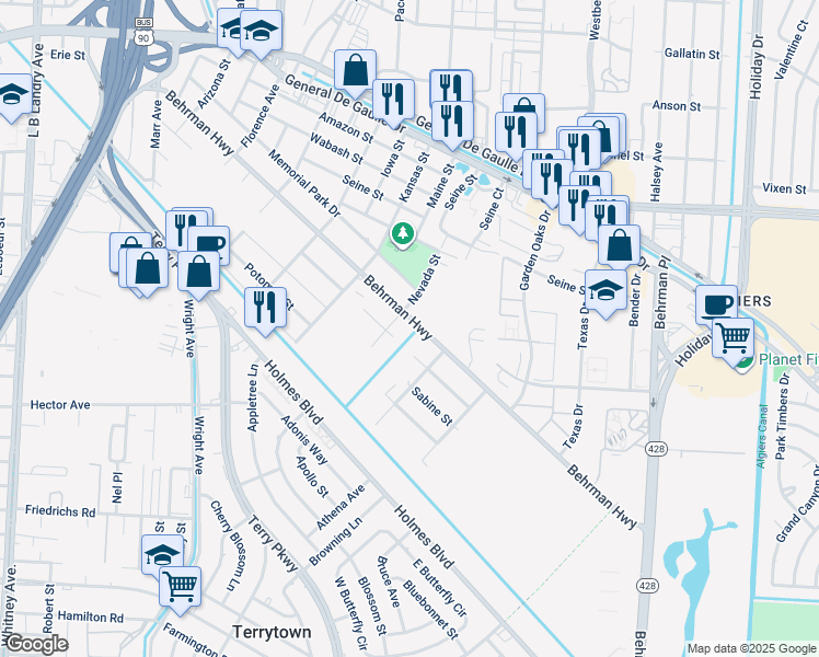 map of restaurants, bars, coffee shops, grocery stores, and more near 3121 Behrman Highway in New Orleans